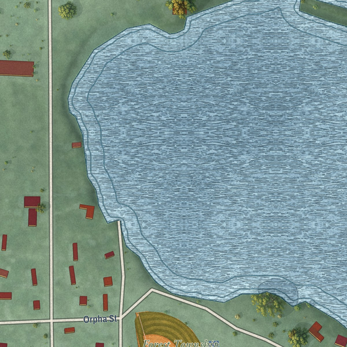 Close-up of the map of Tower, Michigan print showing street and building detail