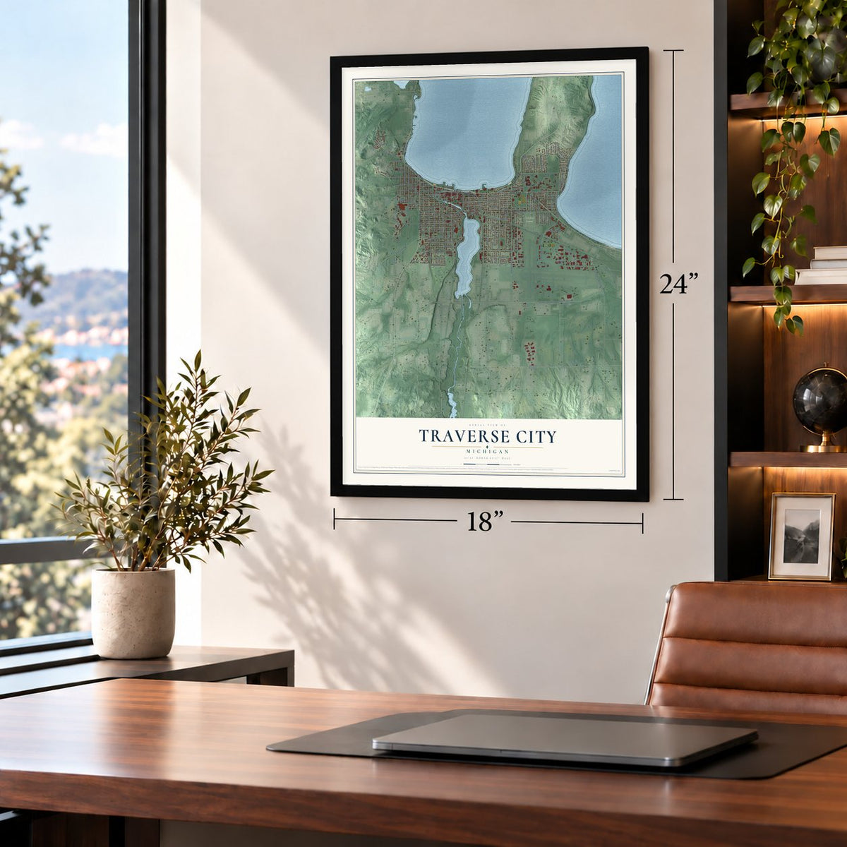Traverse City, Michigan map, 18 x 24 inch print in a black frame in a home office