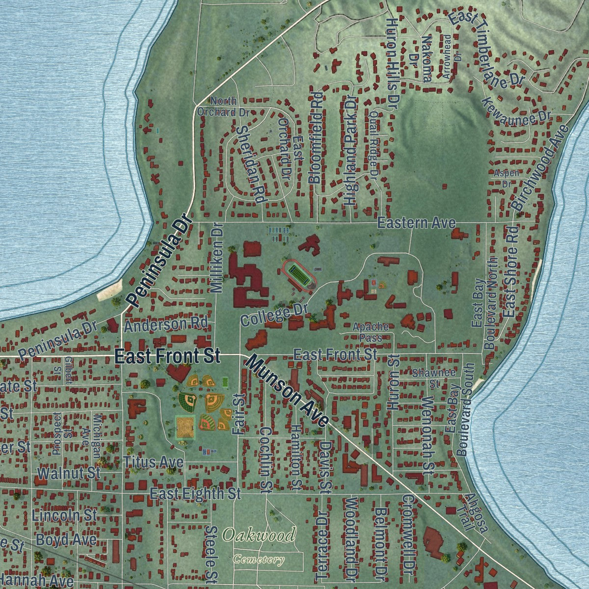 Close-up of the map of Traverse City, Michigan print showing street and building detail