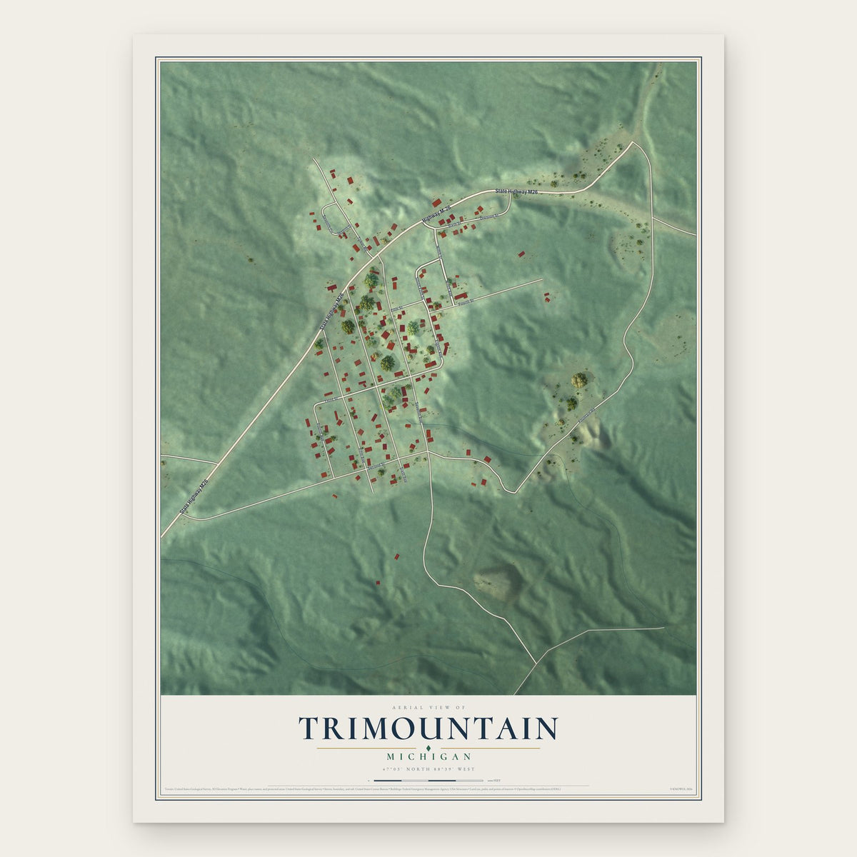 Trimountain, Michigan map print, the full design