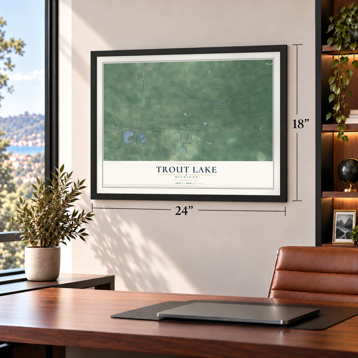Trout Lake, Michigan map, 18 x 24 inch print in a black frame in a home office