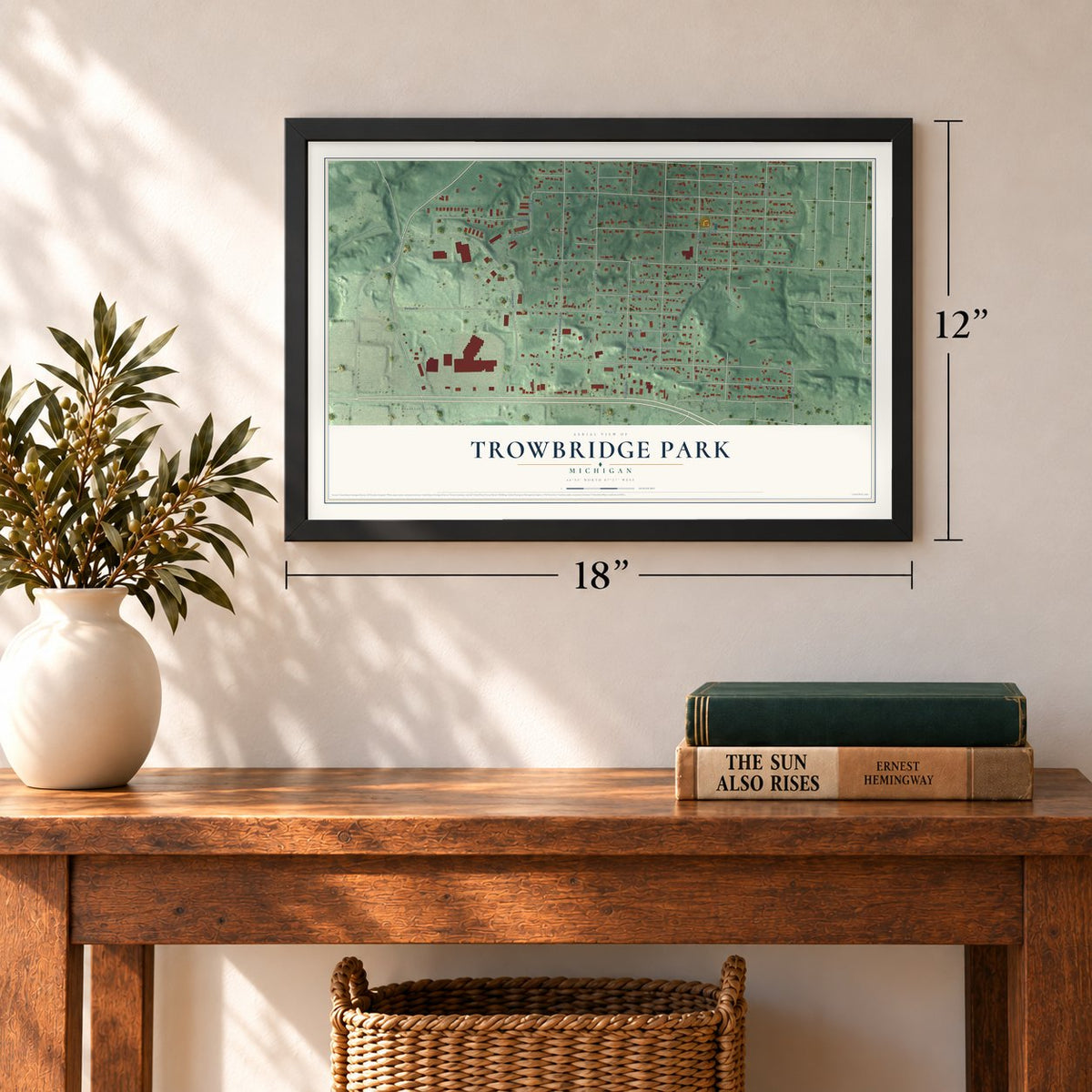 Trowbridge Park, Michigan map, 12 x 18 inch print in a black frame in an entryway