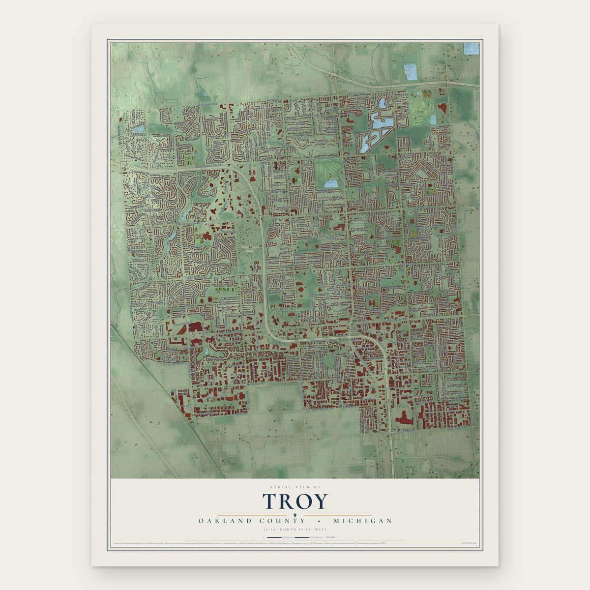 Troy, Oakland County, Michigan map print, the full design