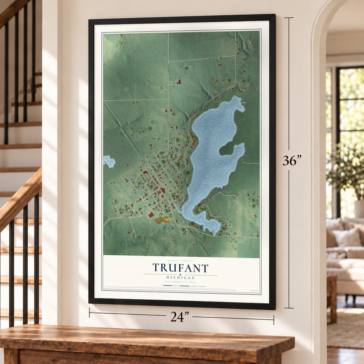 Trufant, Michigan map, 24 x 36 inch print in a black frame by a staircase