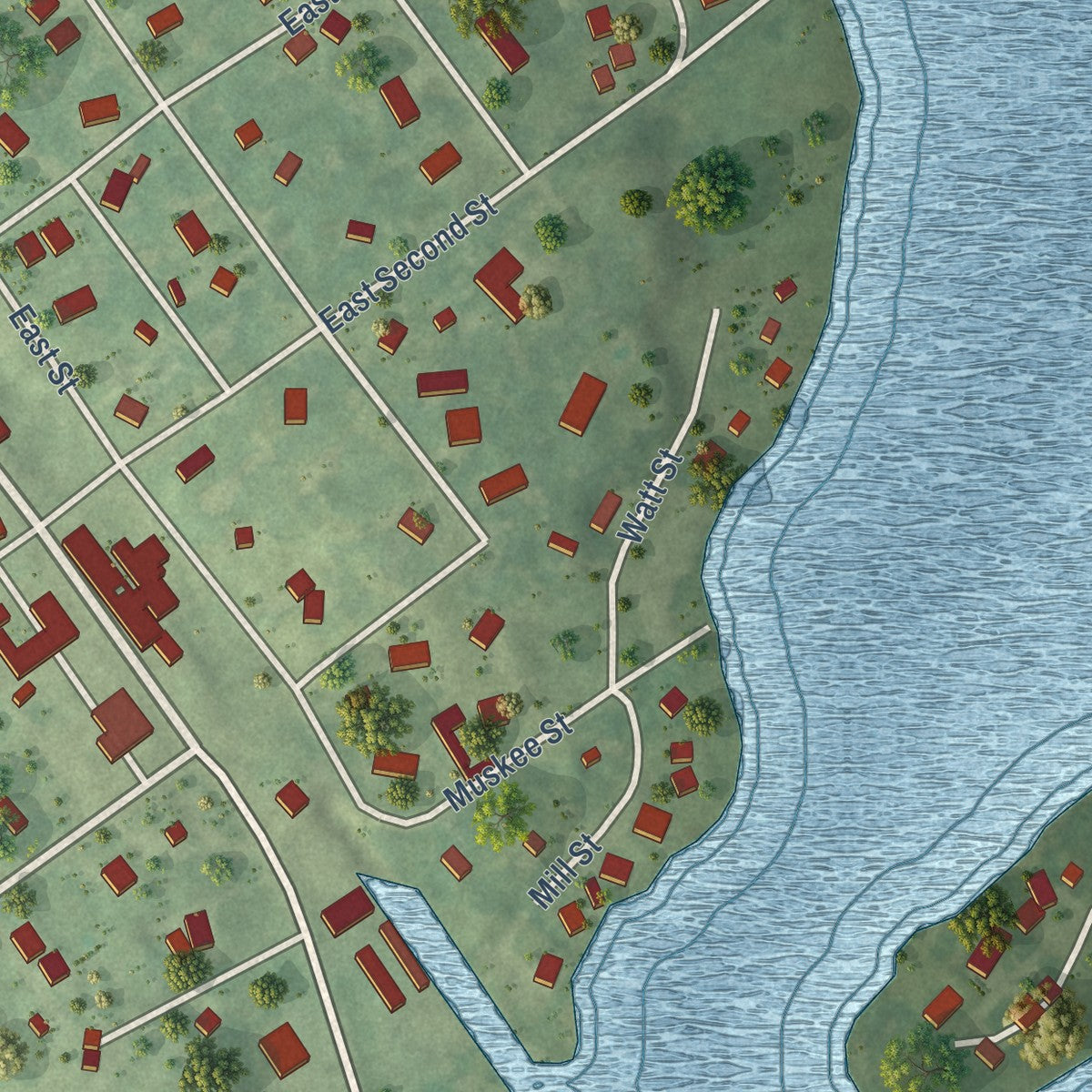 Close-up of the map of Trufant, Michigan print showing street and building detail