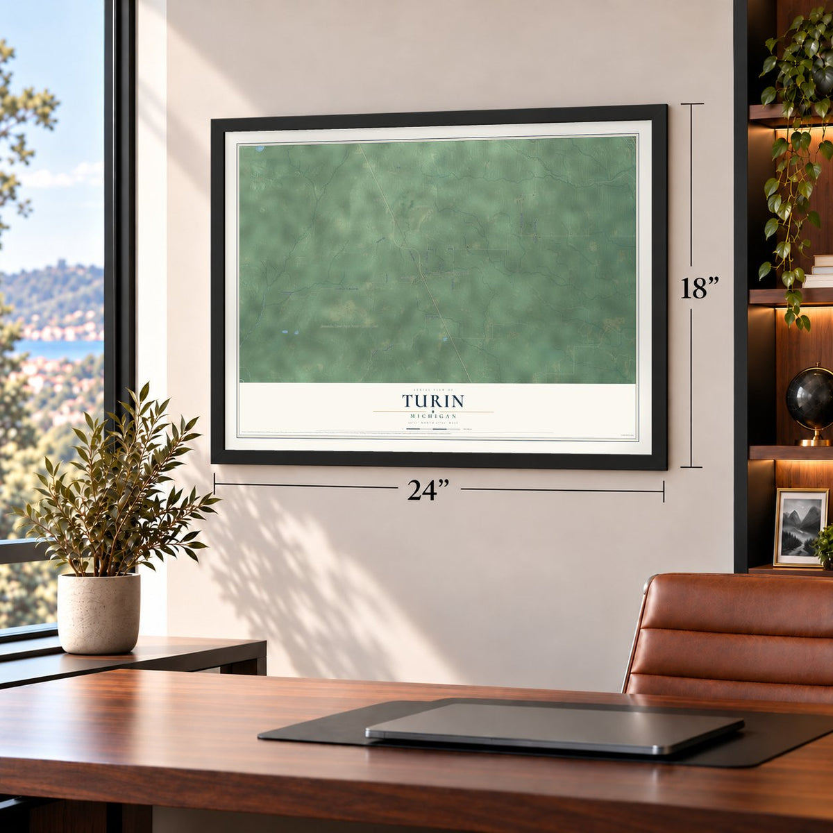 Turin, Michigan map, 18 x 24 inch print in a black frame in a home office