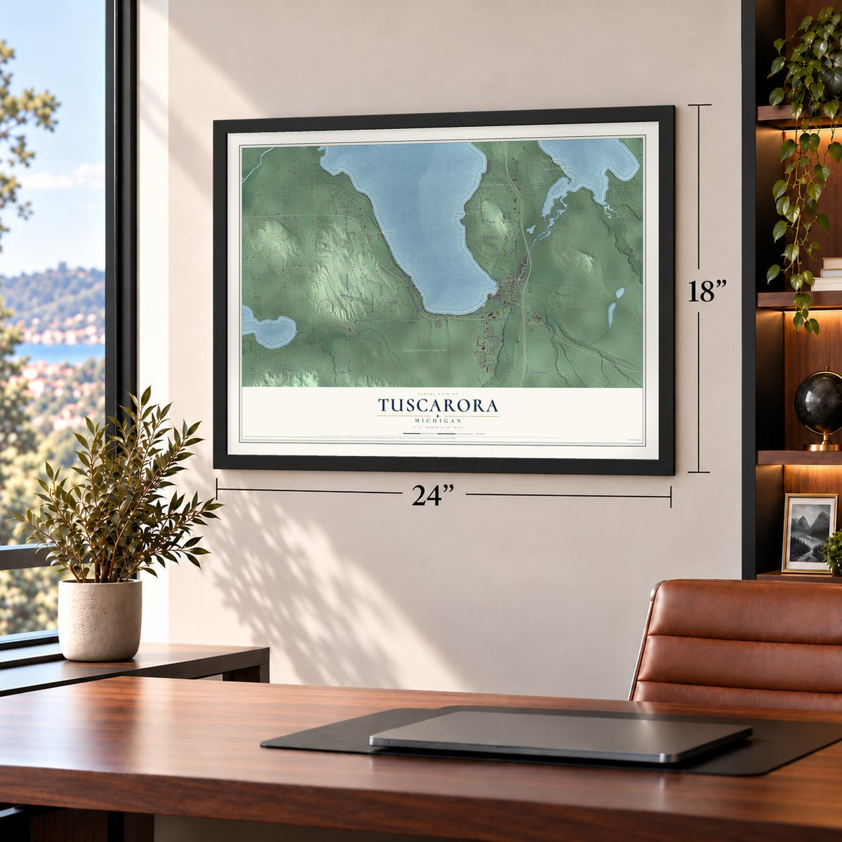 Tuscarora, Michigan map, 18 x 24 inch print in a black frame in a home office