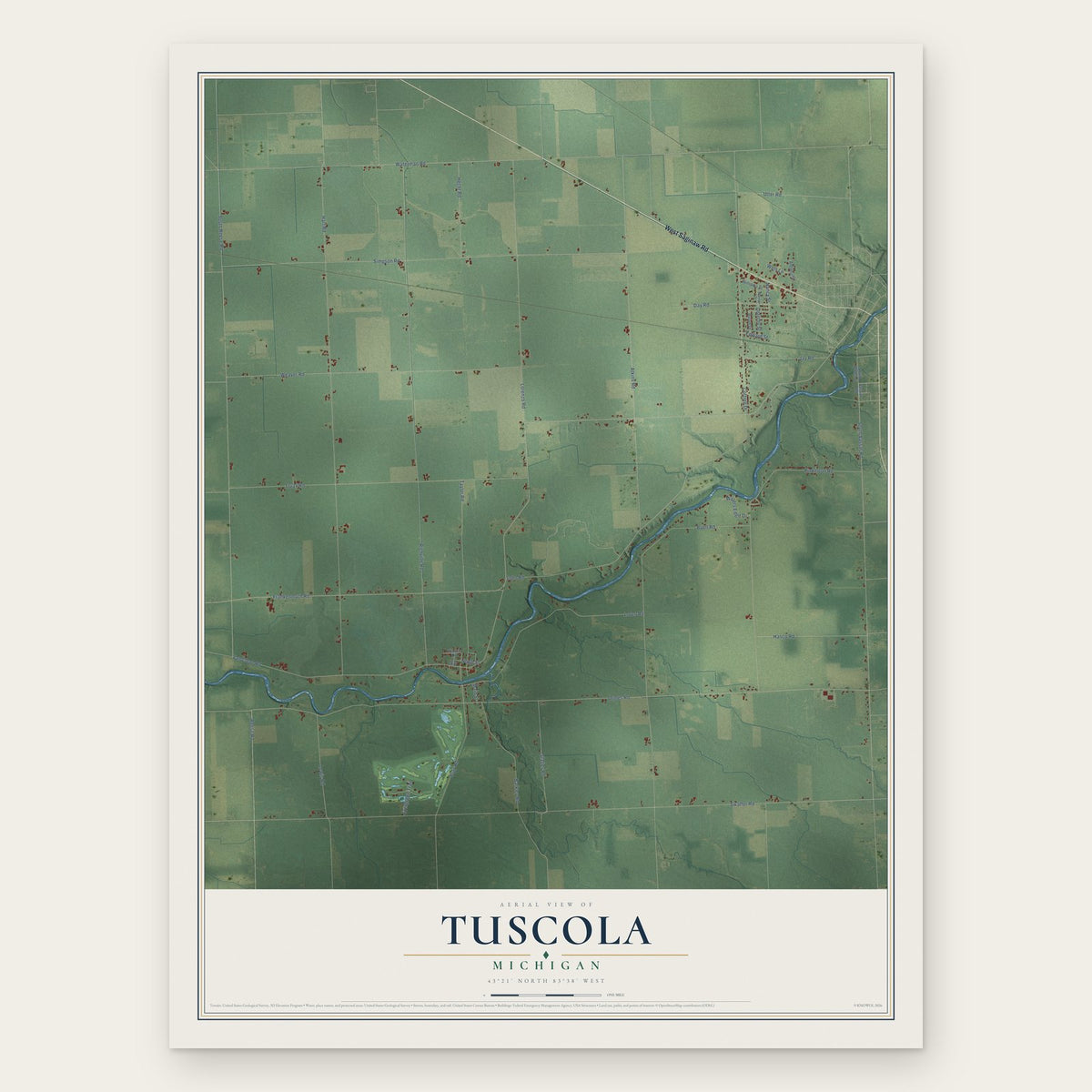 Tuscola, Michigan map print, the full design