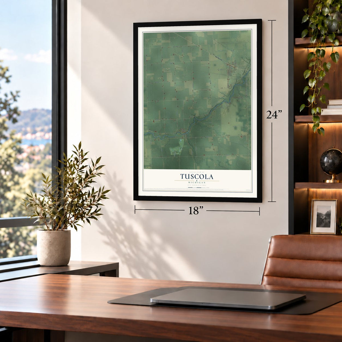 Tuscola, Michigan map, 18 x 24 inch print in a black frame in a home office