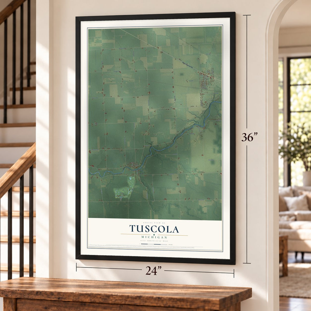 Tuscola, Michigan map, 24 x 36 inch print in a black frame by a staircase