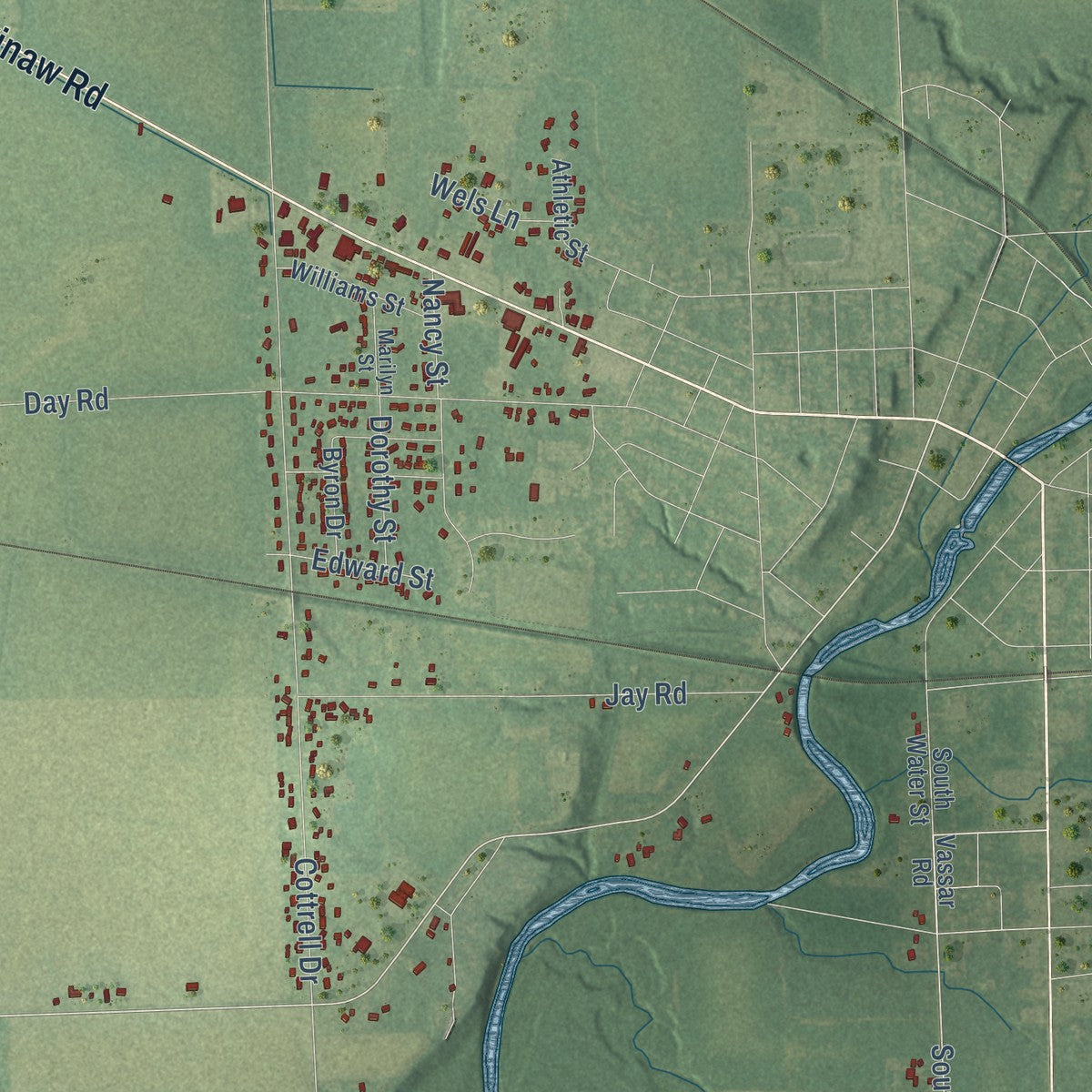 Close-up of the map of Tuscola, Michigan print showing street and building detail