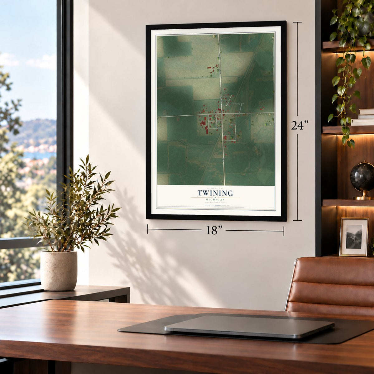 Twining, Michigan map, 18 x 24 inch print in a black frame in a home office