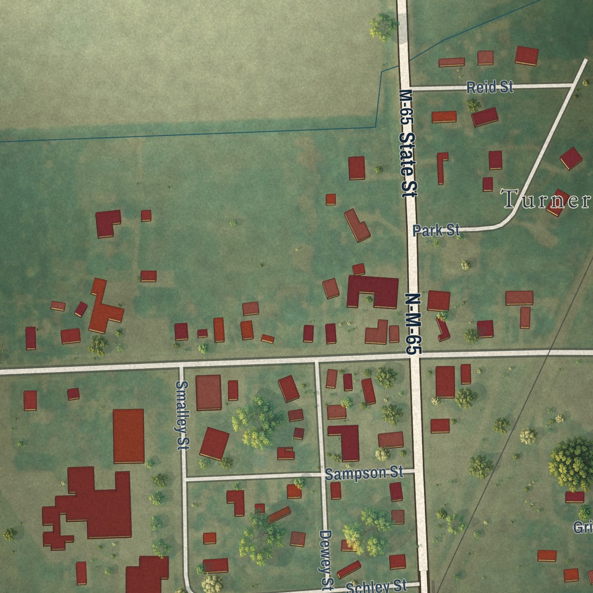 Close-up of the map of Twining, Michigan print showing street and building detail