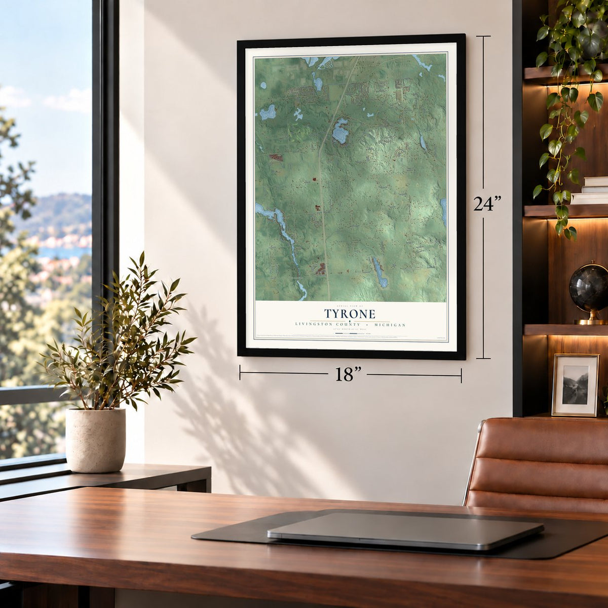 Tyrone, Livingston County, Michigan map, 18 x 24 inch print in a black frame in a home office