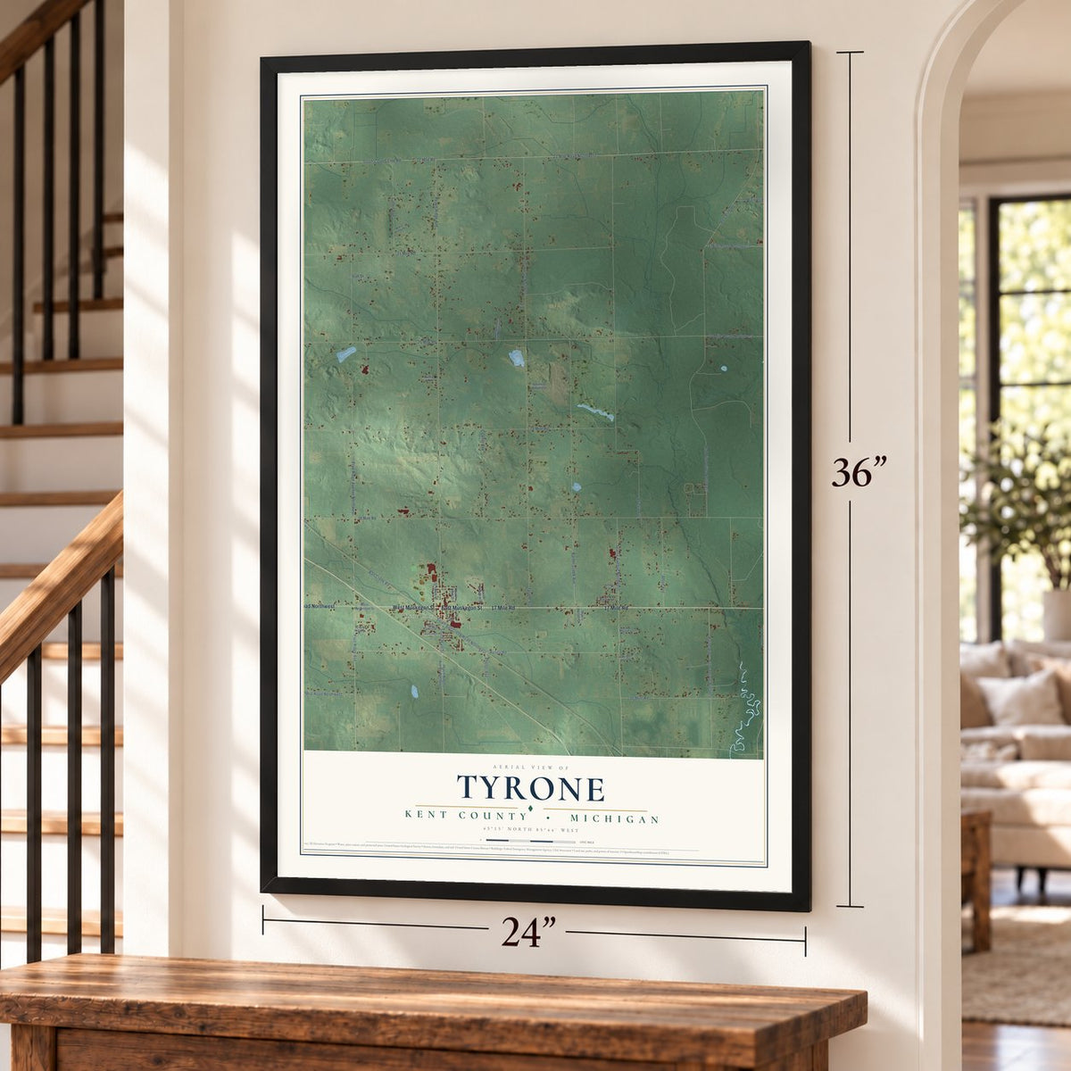Tyrone, Kent County, Michigan map, 24 x 36 inch print in a black frame by a staircase