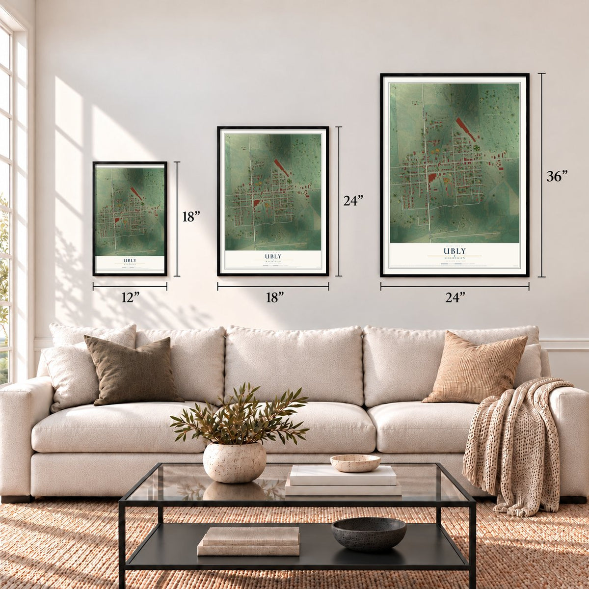 Ubly, Michigan map in 12 x 18, 18 x 24 and 24 x 36 inch sizes above a sofa