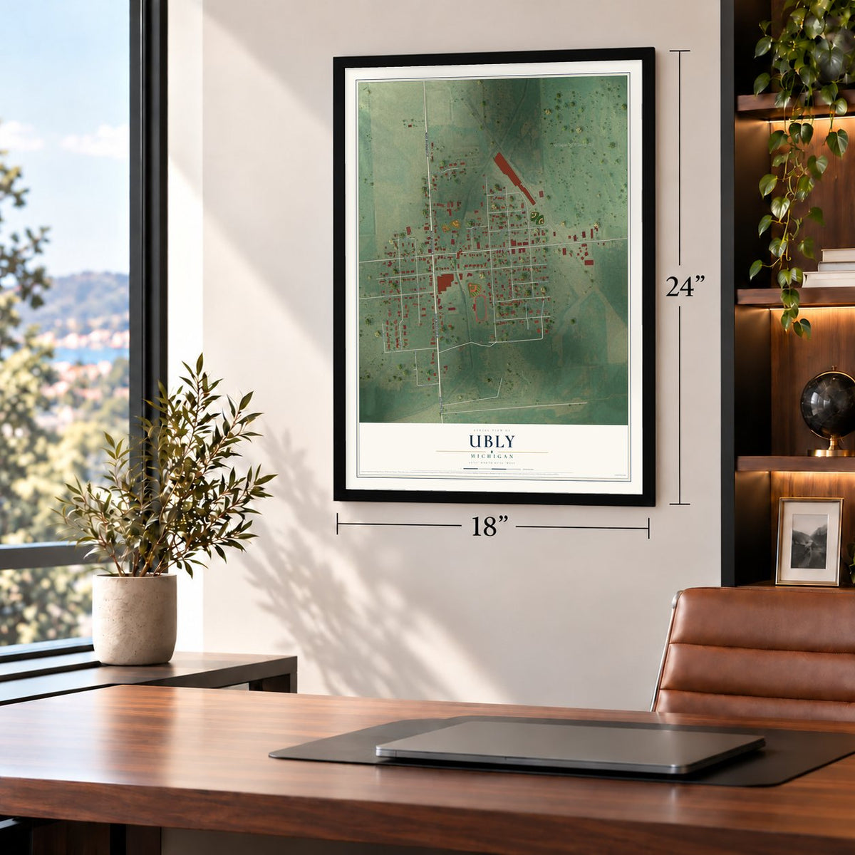 Ubly, Michigan map, 18 x 24 inch print in a black frame in a home office