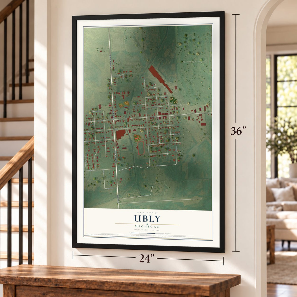 Ubly, Michigan map, 24 x 36 inch print in a black frame by a staircase