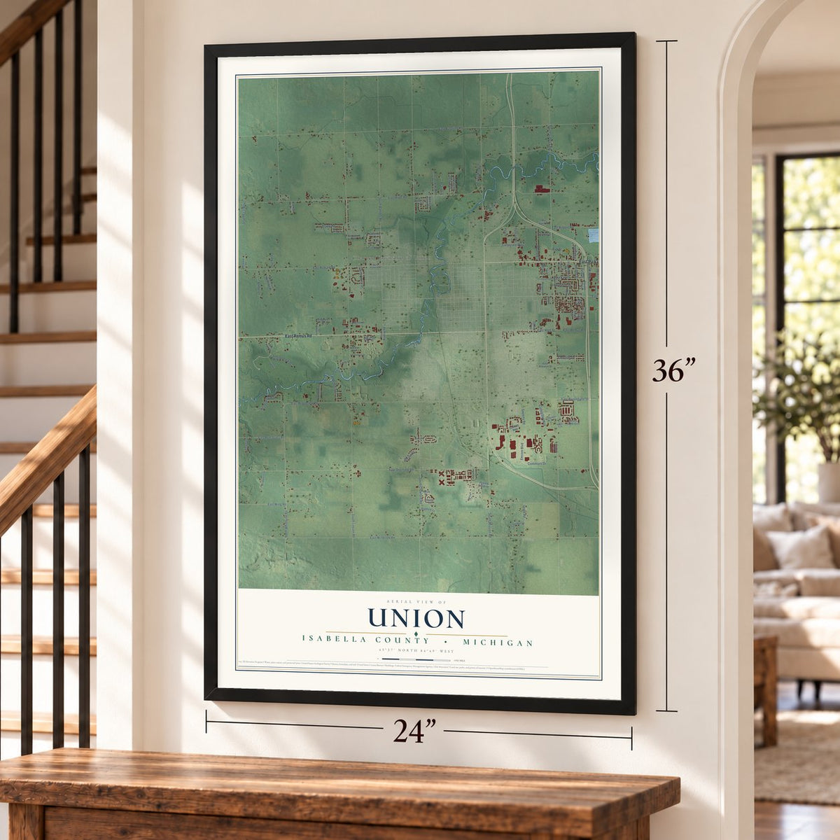 Union, Isabella County, Michigan map, 24 x 36 inch print in a black frame by a staircase