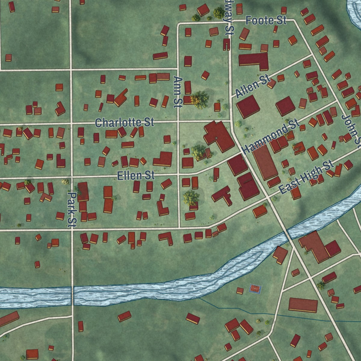 Close-up of the map of Union City, Michigan print showing street and building detail