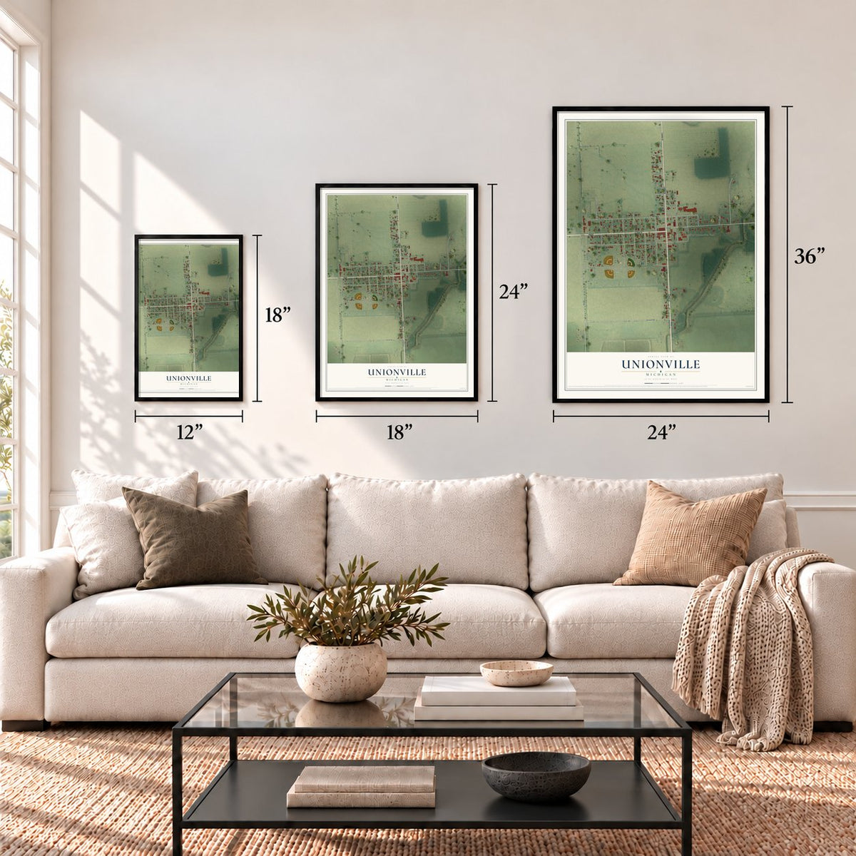 Unionville, Michigan map in 12 x 18, 18 x 24 and 24 x 36 inch sizes above a sofa
