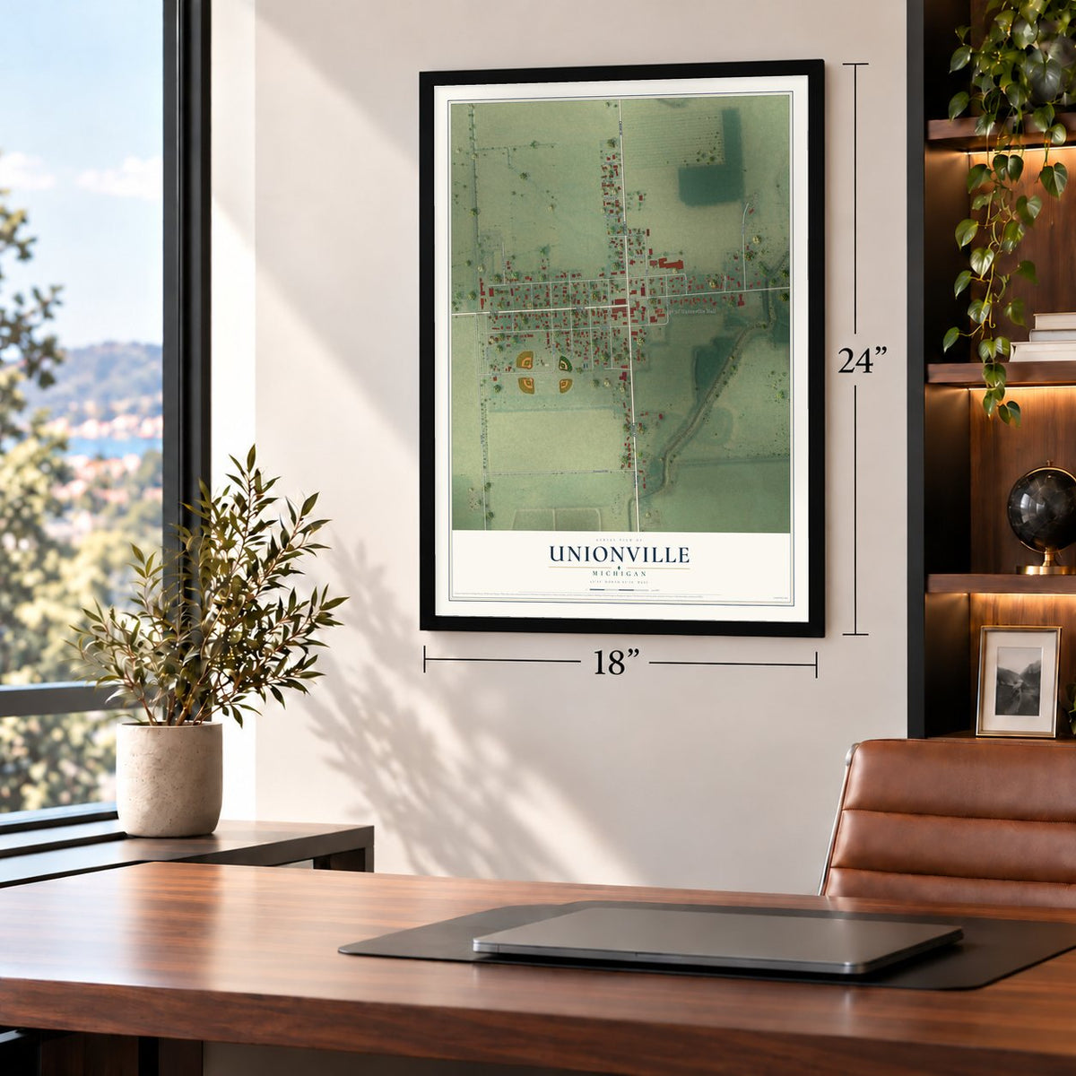 Unionville, Michigan map, 18 x 24 inch print in a black frame in a home office