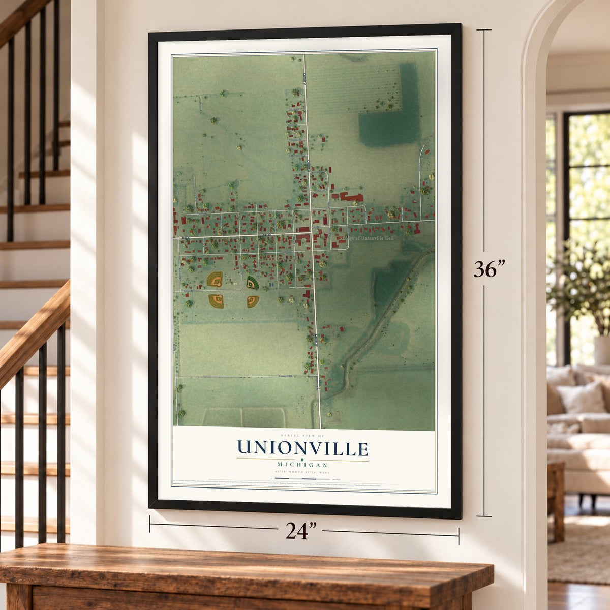 Unionville, Michigan map, 24 x 36 inch print in a black frame by a staircase