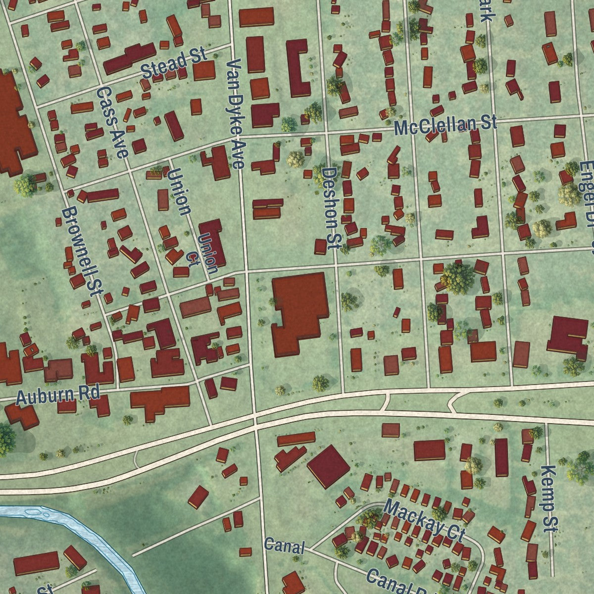 Close-up of the map of Utica, Michigan print showing street and building detail