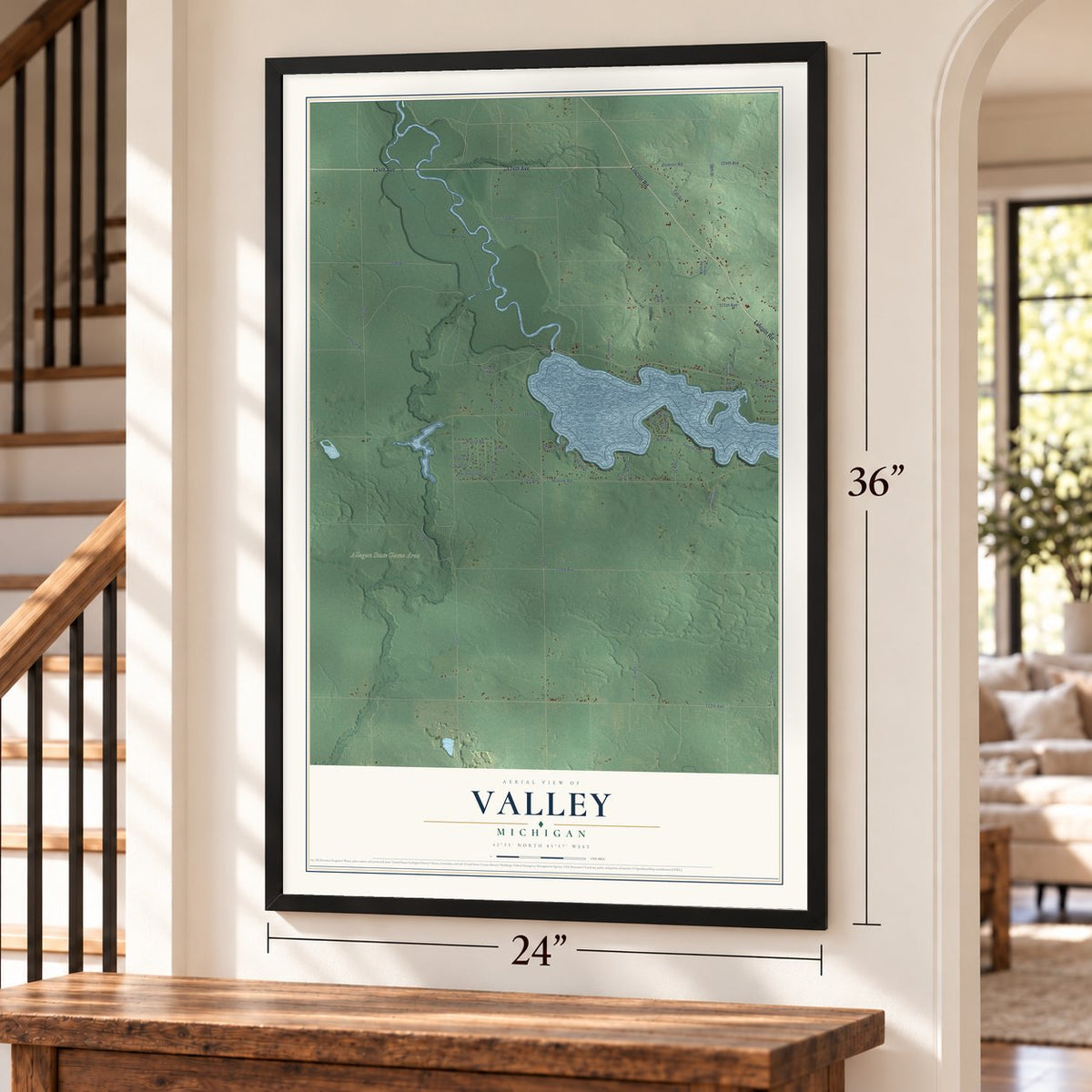 Valley, Michigan map, 24 x 36 inch print in a black frame by a staircase