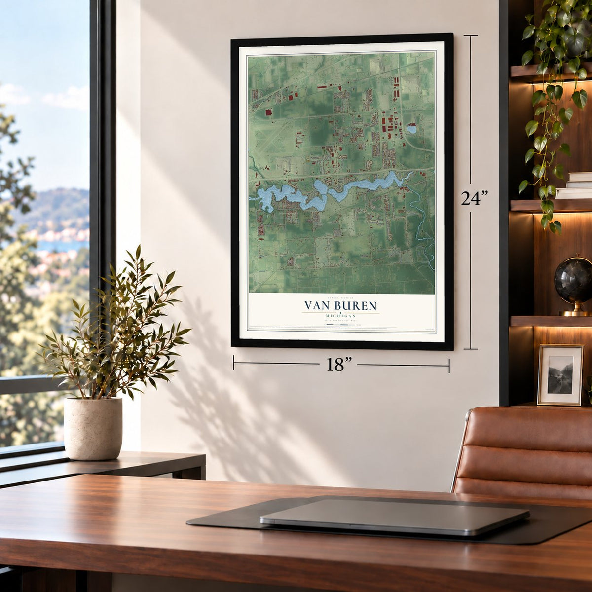Van Buren, Michigan map, 18 x 24 inch print in a black frame in a home office