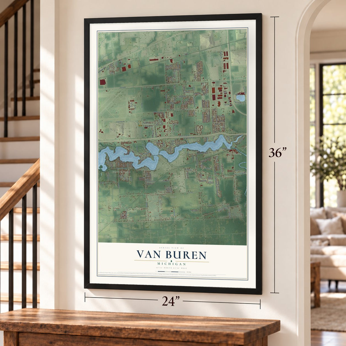 Van Buren, Michigan map, 24 x 36 inch print in a black frame by a staircase