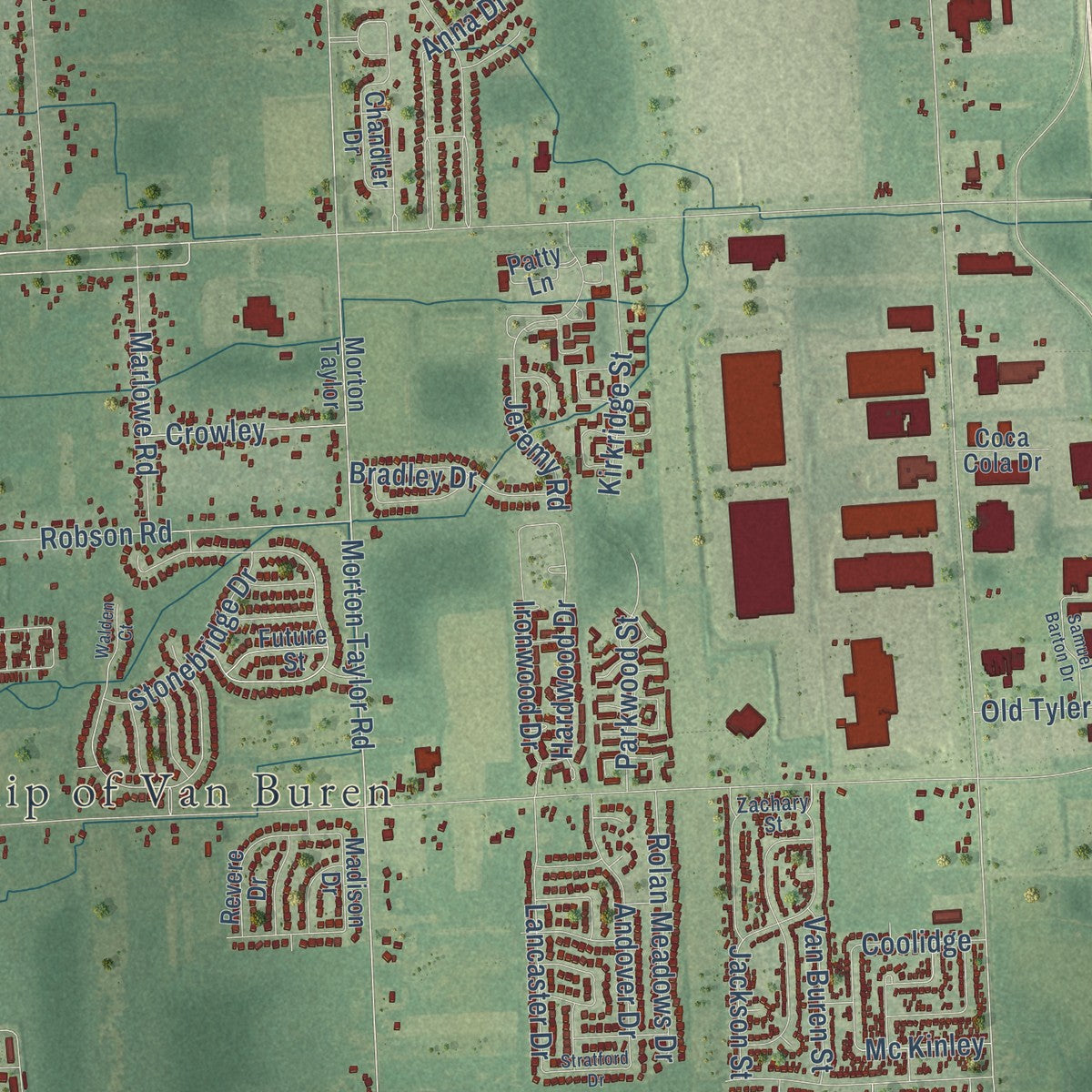 Close-up of the map of Van Buren, Michigan print showing street and building detail