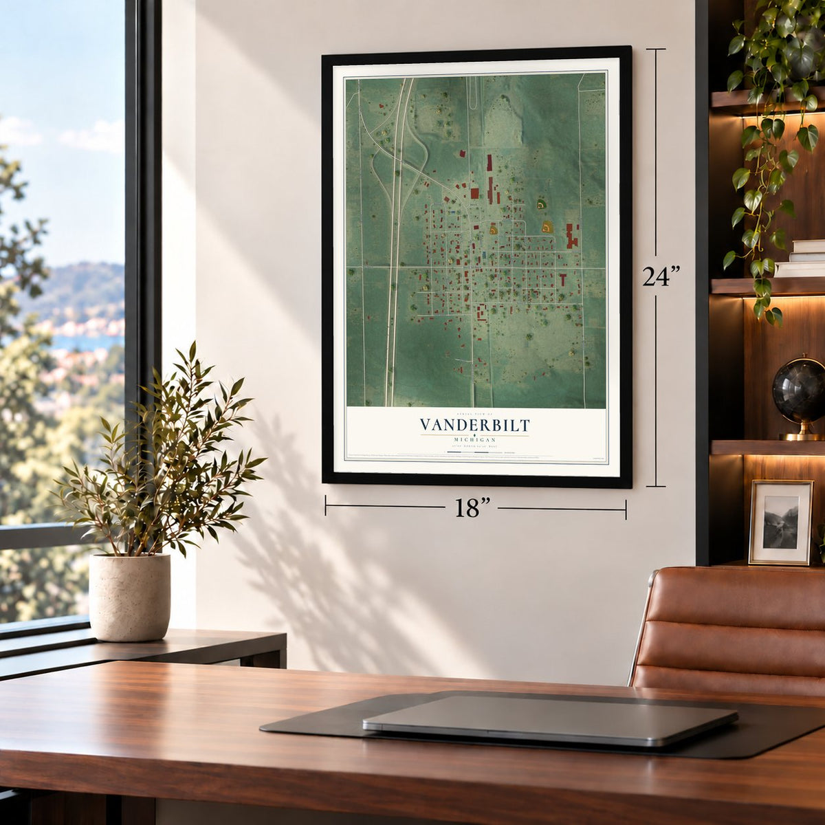 Vanderbilt, Michigan map, 18 x 24 inch print in a black frame in a home office