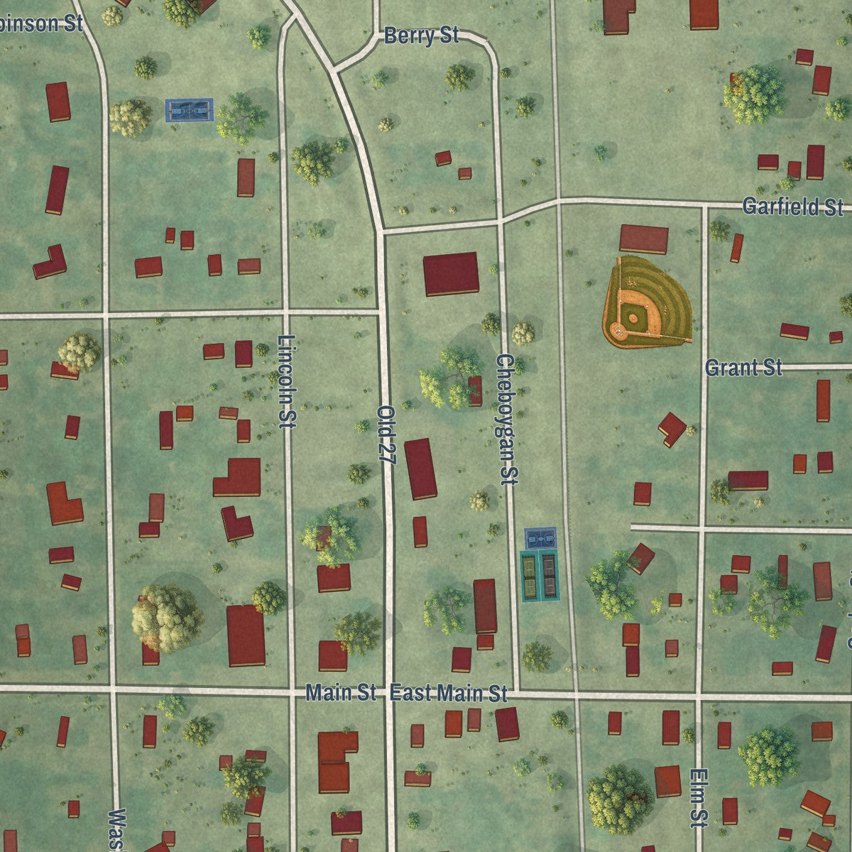 Close-up of the map of Vanderbilt, Michigan print showing street and building detail
