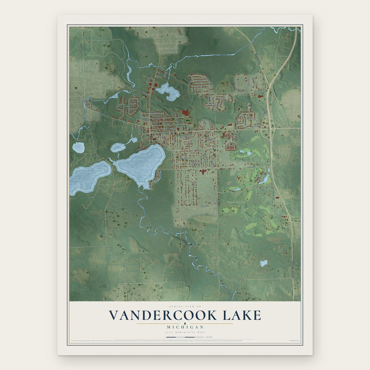 Vandercook Lake, Michigan map print, the full design