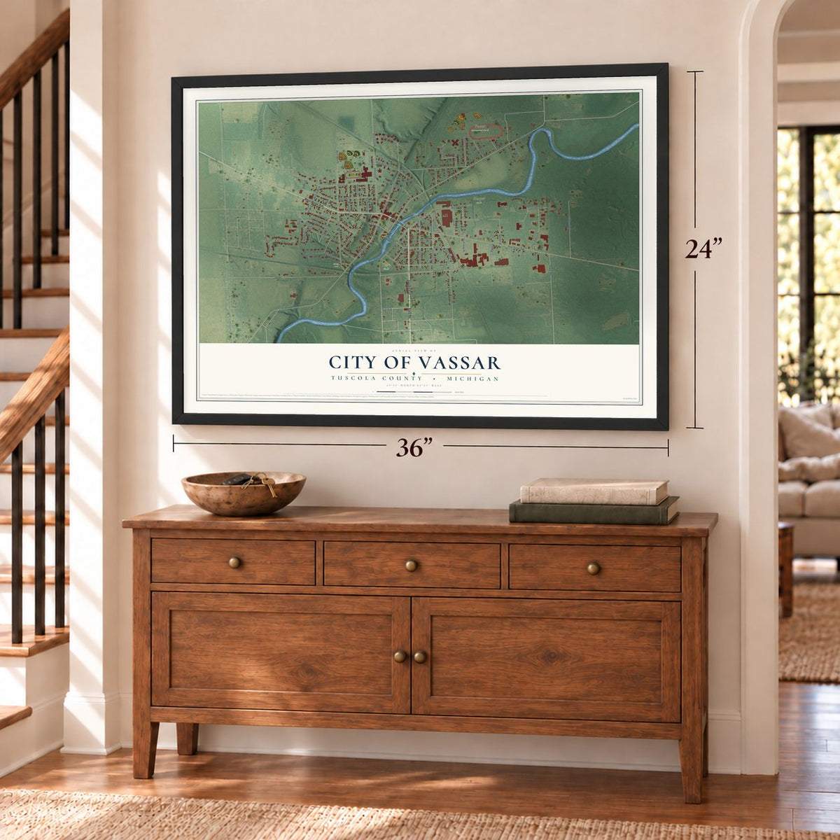 Vassar, Michigan map, 24 x 36 inch print in a black frame above a dresser by a staircase