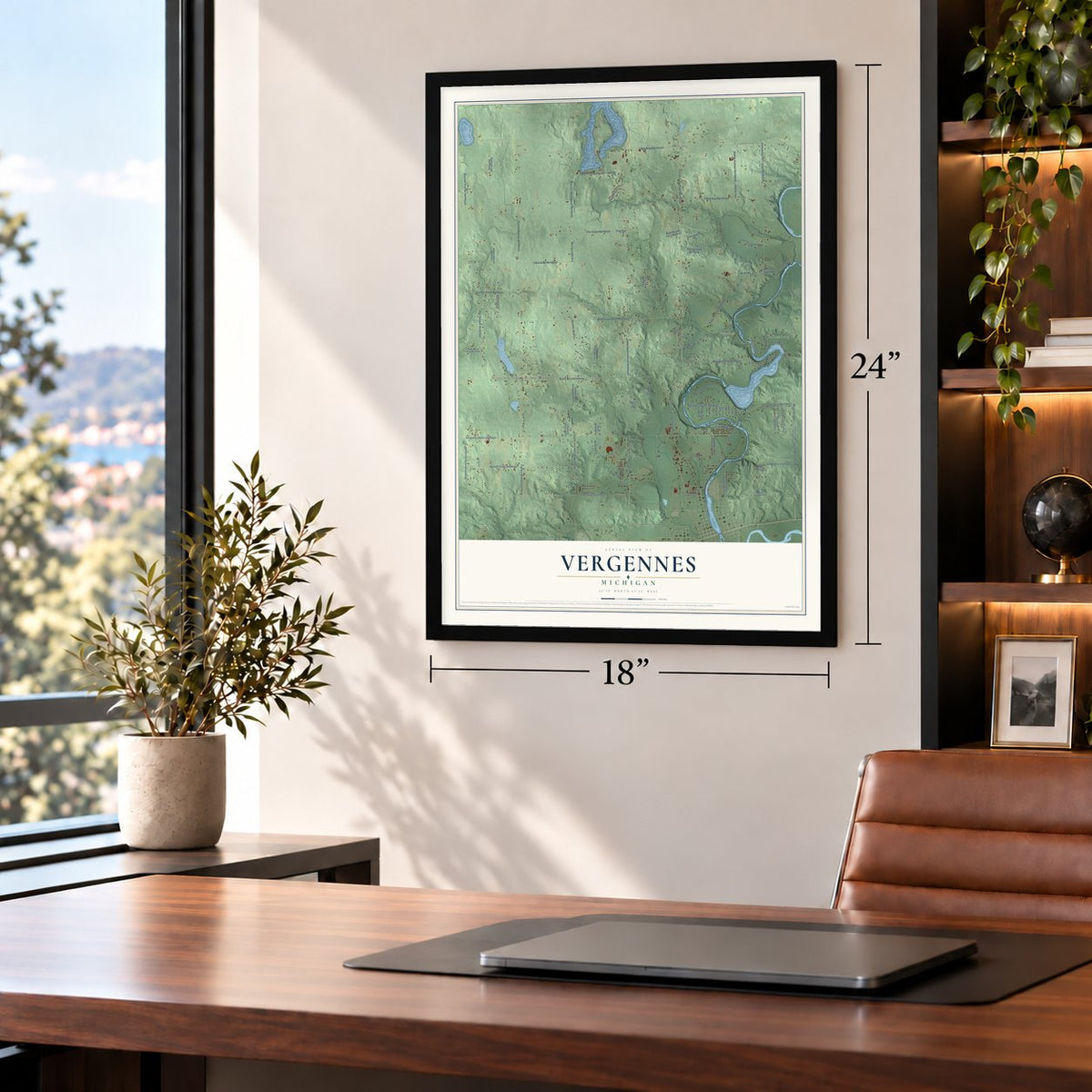Vergennes, Michigan map, 18 x 24 inch print in a black frame in a home office