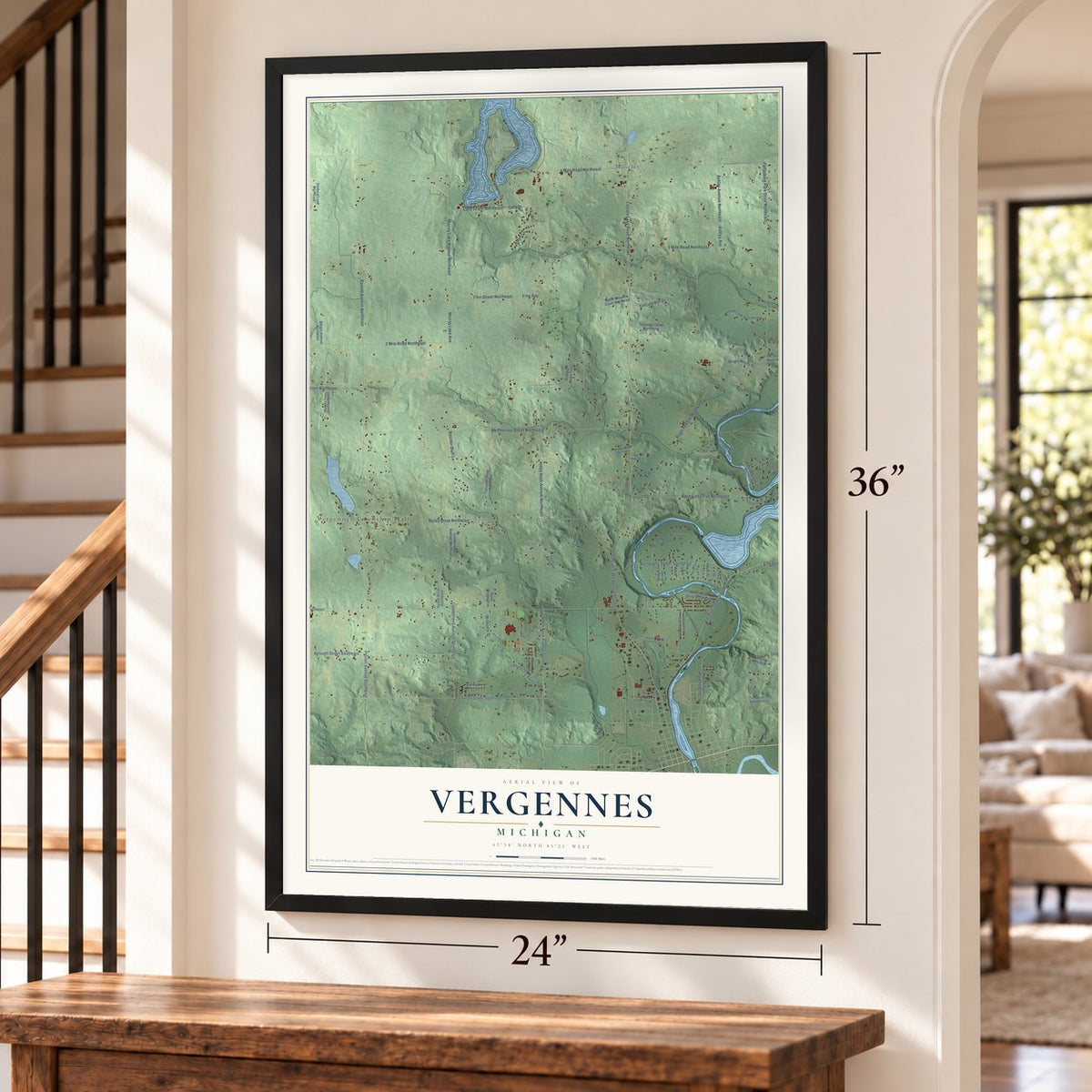 Vergennes, Michigan map, 24 x 36 inch print in a black frame by a staircase