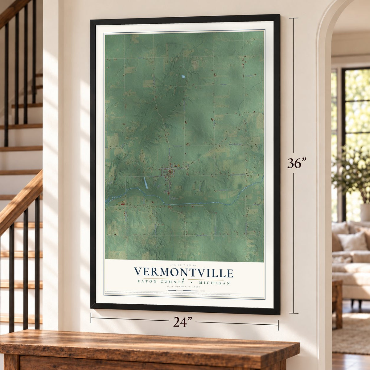 Vermontville, Eaton County, Michigan map, 24 x 36 inch print in a black frame by a staircase