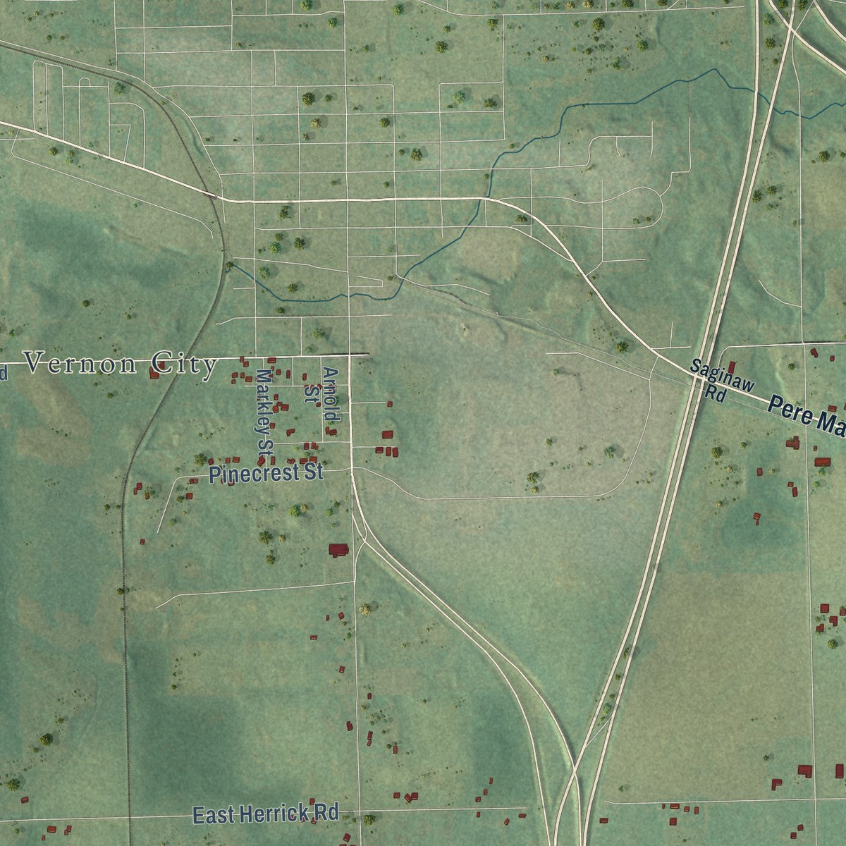 Close-up of the map of Vernon, Isabella County, Michigan print showing street and building detail