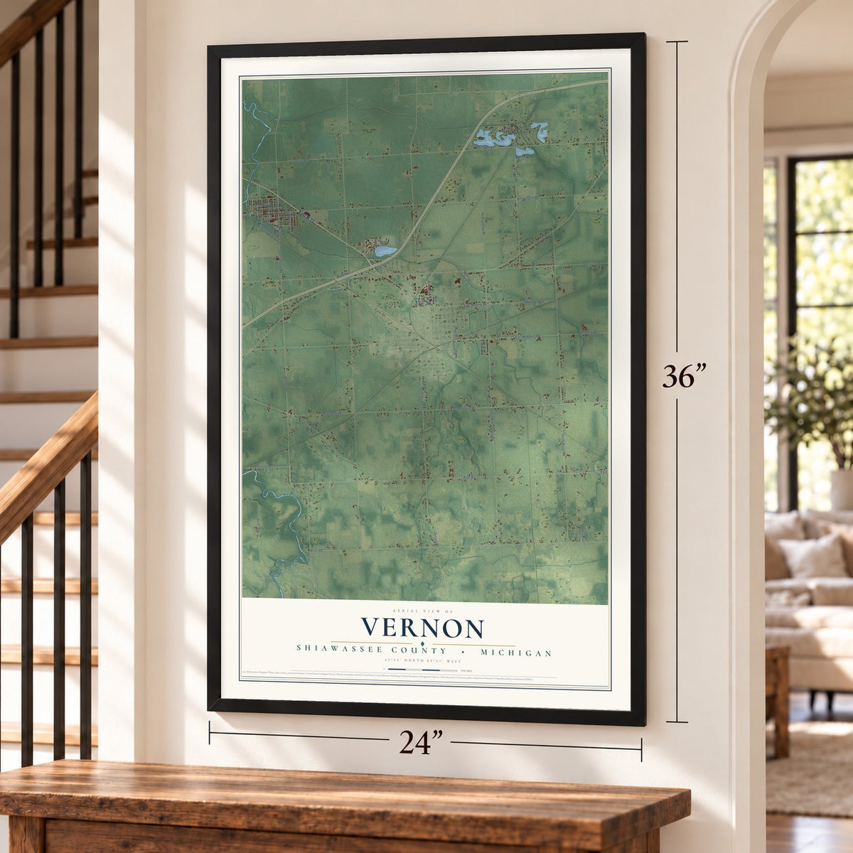 Vernon, Shiawassee County, Michigan map, 24 x 36 inch print in a black frame by a staircase
