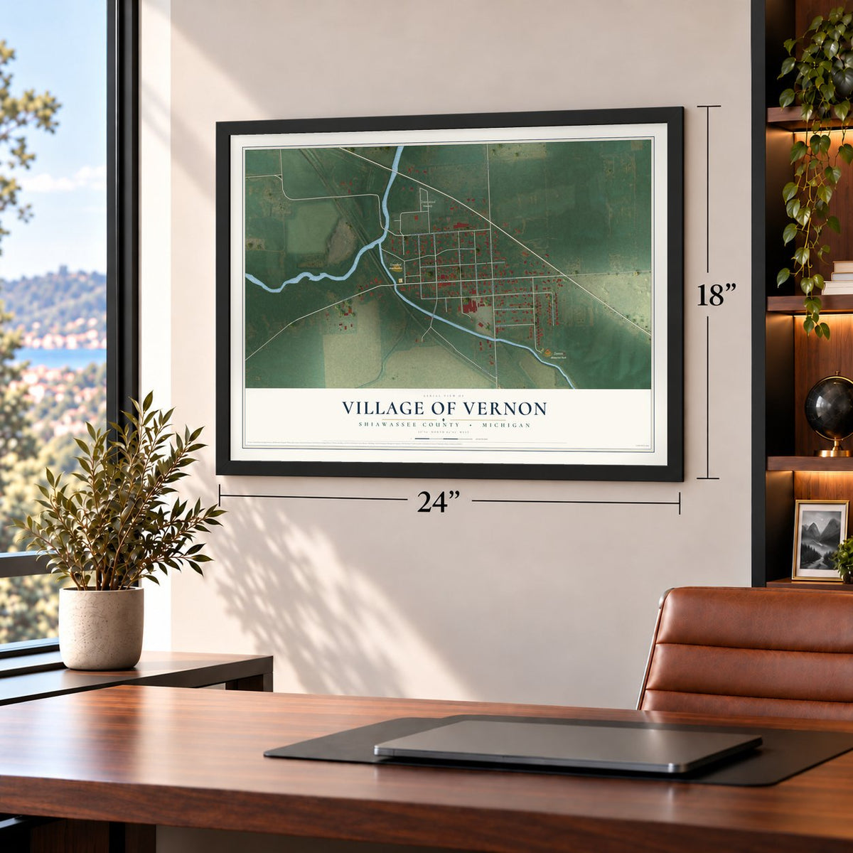 Vernon, Michigan map, 18 x 24 inch print in a black frame in a home office