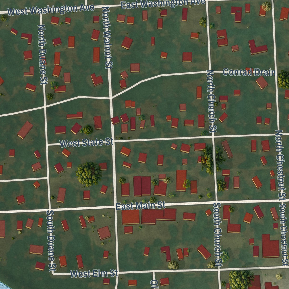 Close-up of the map of Vernon, Michigan print showing street and building detail