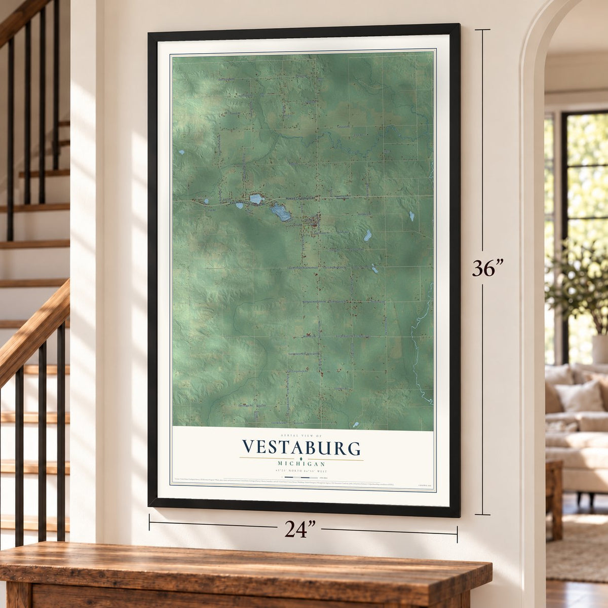 Vestaburg, Michigan map, 24 x 36 inch print in a black frame by a staircase