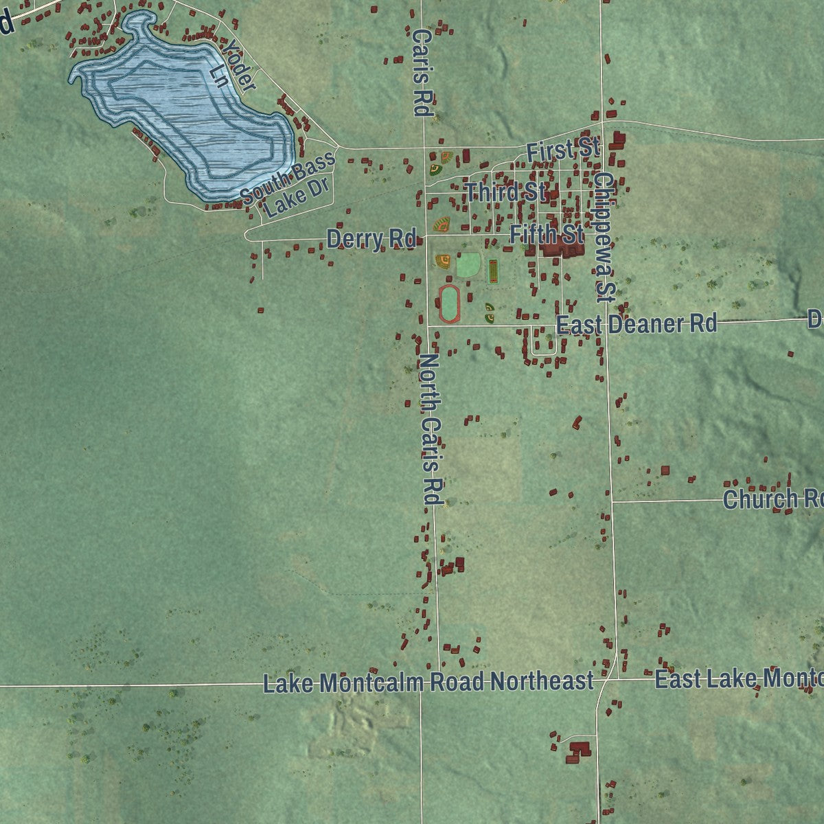 Close-up of the map of Vestaburg, Michigan print showing street and building detail