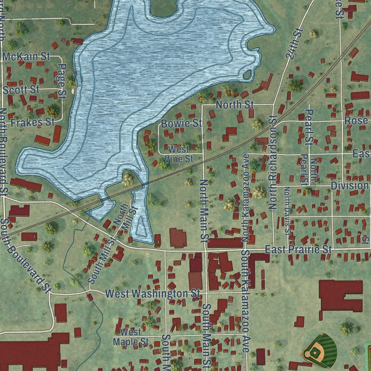 Close-up of the map of Vicksburg, Michigan print showing street and building detail
