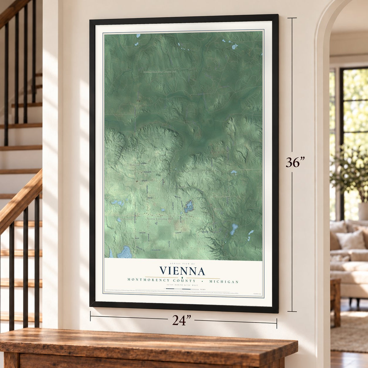 Vienna, Montmorency County, Michigan map, 24 x 36 inch print in a black frame by a staircase