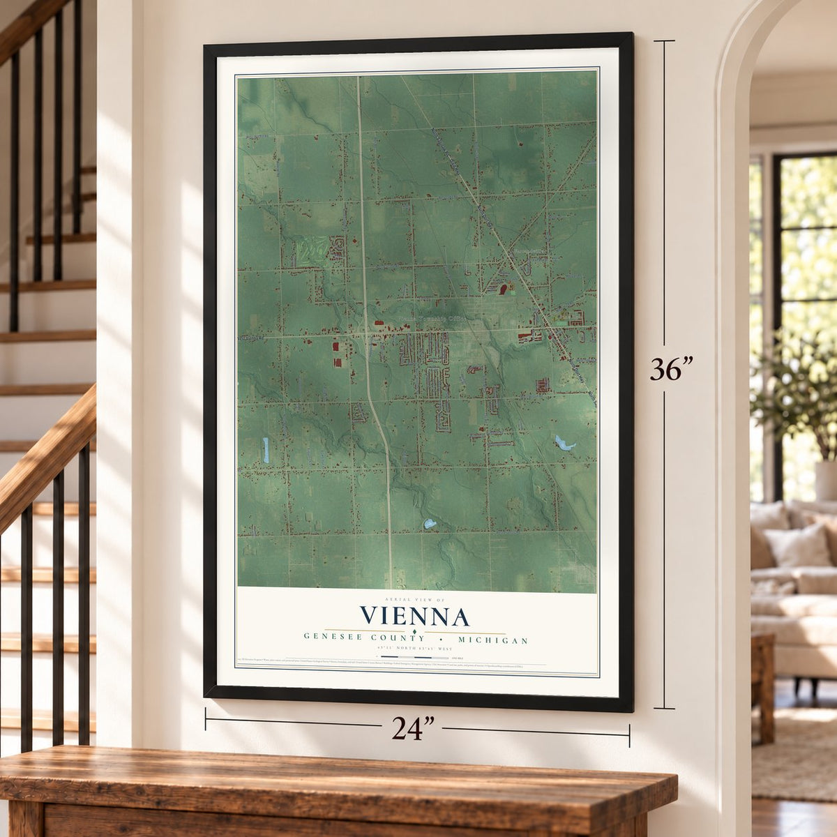 Vienna, Genesee County, Michigan map, 24 x 36 inch print in a black frame by a staircase