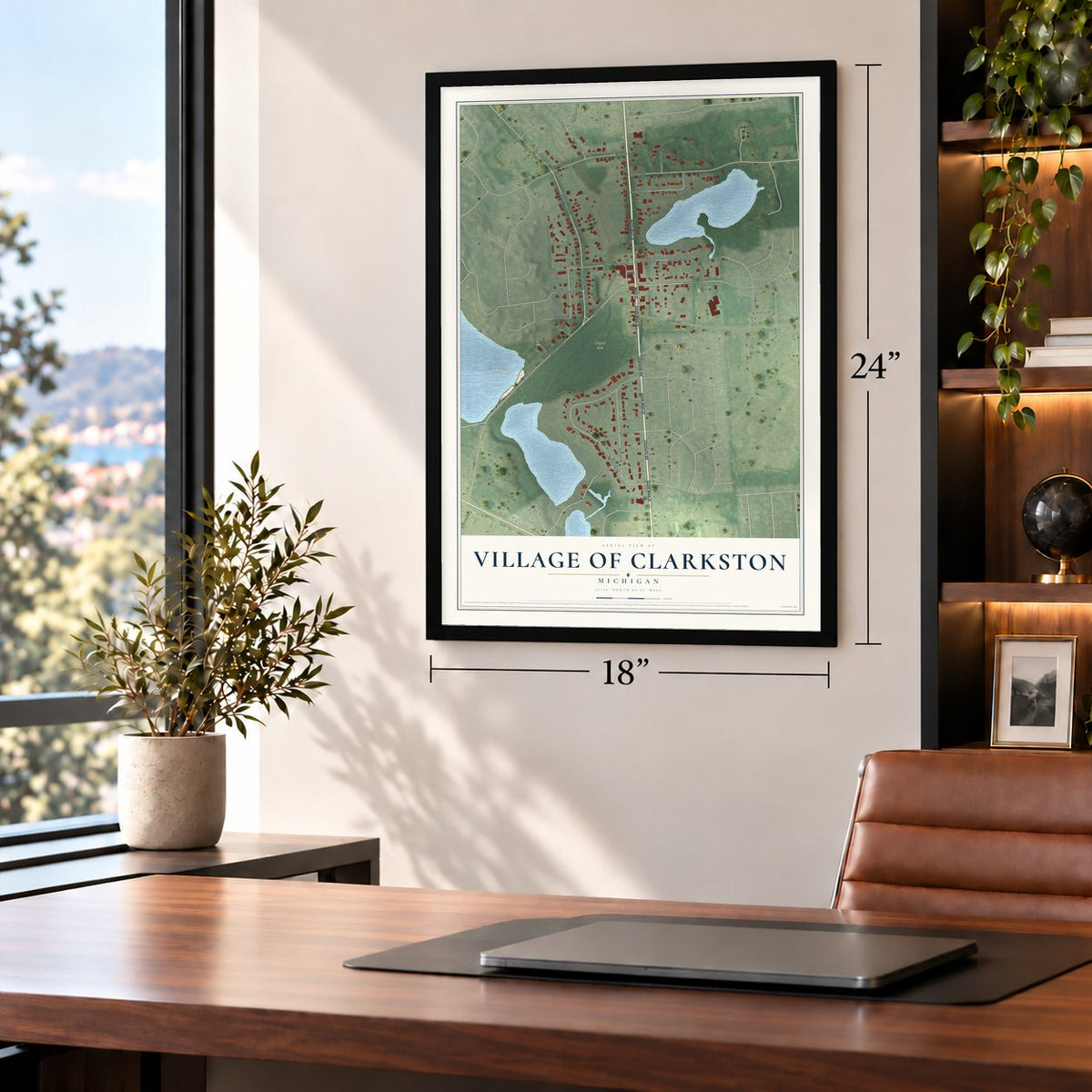Village of Clarkston, Michigan map, 18 x 24 inch print in a black frame in a home office
