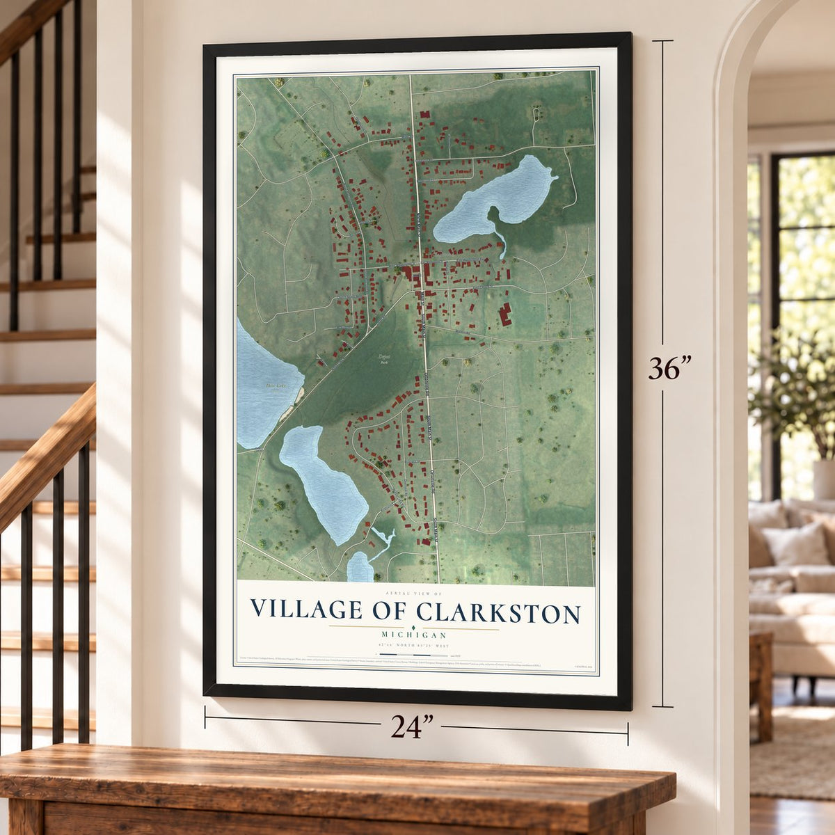 Village of Clarkston, Michigan map, 24 x 36 inch print in a black frame by a staircase